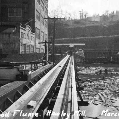 Hawley Paper Mill, Pulpwood Flume, 1933.: Copyright: Clackamas County Historical Society; Origsize: 2x3; Origformat: Print-Photographic