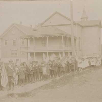 St. John's Catholic School Students along 10th behind the Roman Catholic Church - Oregon City - 1895