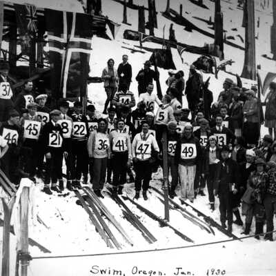 Group of skiers at Swim, Oregon, and Laurie French Logan and unidentied, 1938.