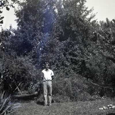 Man in Yard With Monkey Tree.