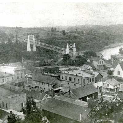 Oregon City-West Linn Suspension Bridge over Willamette River from Bluff.: Origsize: 3" x 5"; Origformat: Print-Photographic
