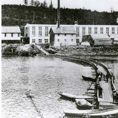 Pontoon Bridge Between Oregon City and West Linn Mills During Redecking of the Suspension Bridge 1907