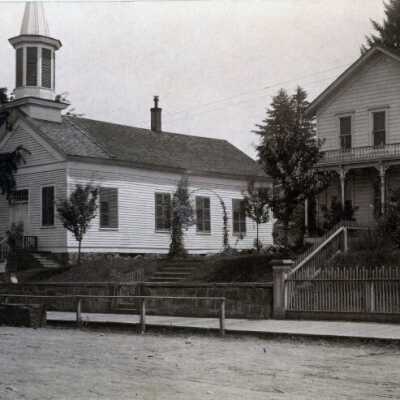 Oregon City Congregational Church and Parsonage, 1885.: Copyright: None; Origsize: 3" x 3"; Origformat: Print-Photographic