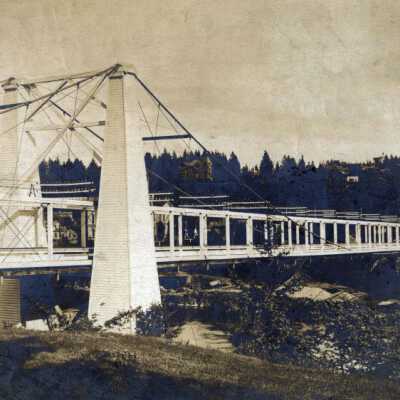 Oregon City/West Linn Suspension Bridge, looking from West Linn side.: Origsize: 3" x 5"; Origformat: Print-Photographic