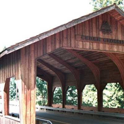 Cedar Crossing Covered Bridge, #1, crossing Johnson Creek. 1987.: Copyright: Clackamas County Historical Society; Origformat: Other