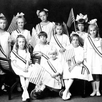 Fourth of July Parade, Oregon City. Young girls holding flags.