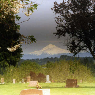 Mountain View Cemetery with Mt. Hood in the Background.: Copyright: None; Origsize: 8" x 10"; Origformat: Print-Photographic