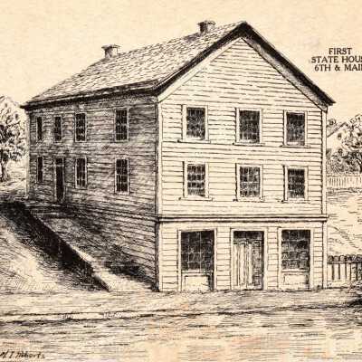 Copy of a drawing by M. I. Roberts of the First State House - Oregon City, Oregon