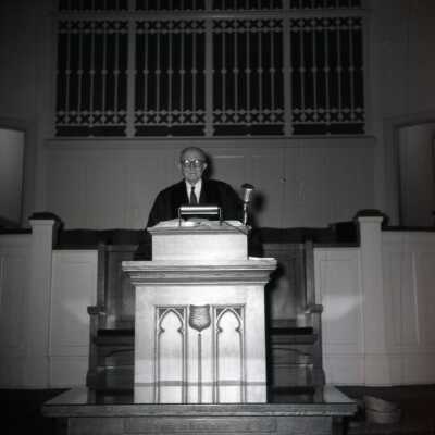 Dr. Latourette at Pulpit, Atkinson Memorial Church.: Origformat: Negative