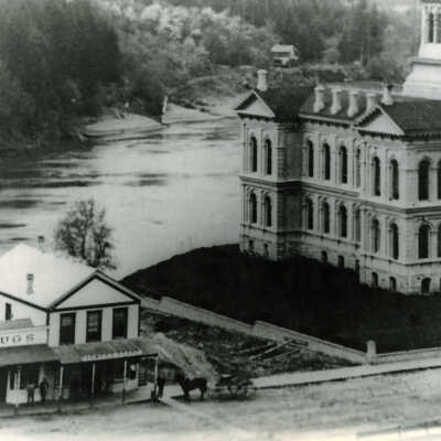 Courthouse and Caufield Drug and General Stores 1886