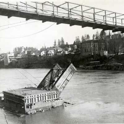 Cement Pour for Arch Support Base During Construction of Oregon City/West Linn Arch Bridge.