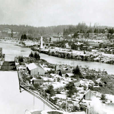 Willamette Falls Locks 1885 - View of Oregon City and Old Bridge