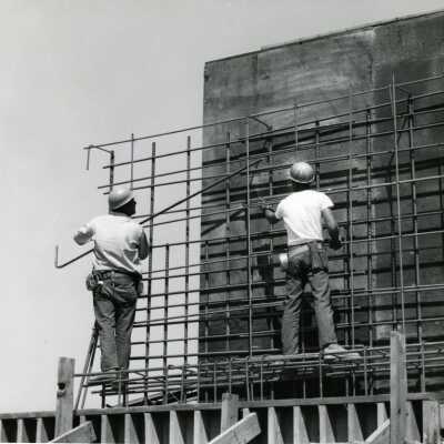 Workers with Steel Concrete Rebar, I-205 Bridge Construction.
