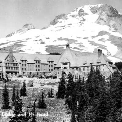 Timberline Lodge and Mt. Hood, 1943.: Copyright: Clackamas County Historical Society; Origsize: 2x3; Origformat: Print-Photographic