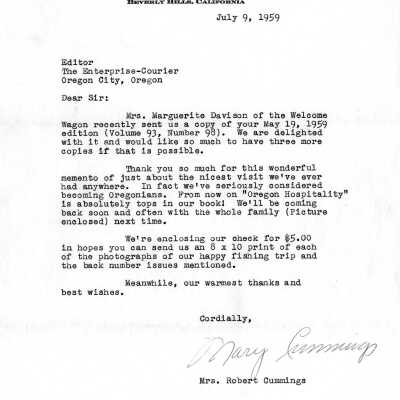 Letter to Paper from Robert Cummings, 1959.: Copyright: None; Origsize: 8" x 10"; Origformat: Print-Photographic