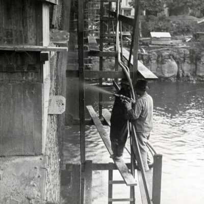 Spraying Gunite During Construction of Oregon City/West Linn Arch Bridge.