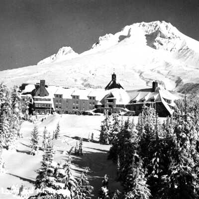 Timberline Lodge and Mt. Hood, 1943.: Copyright: Clackamas County Historical Society; Origsize: 2x3; Origformat: Print-Photographic
