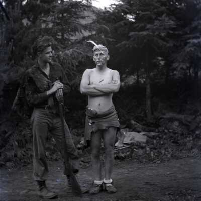 Don Earl and Loyd Lillie in costume at Boy Scout Camp Merriwether, Oregon - Negative