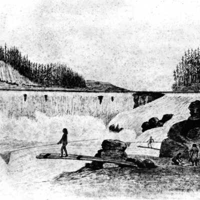 Willamette Falls c.1841 - Native American Fishing - Wilkes Expedition