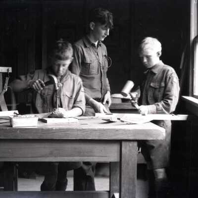 Cub Scout wood working class at Camp Merriwether, Oregon -Negative