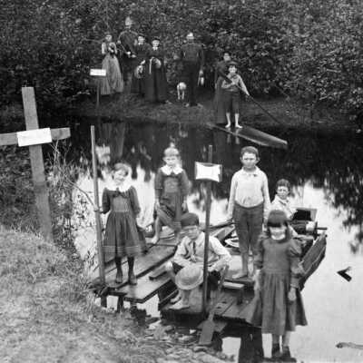 Group with Rafts on Pond. East Portland.