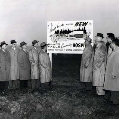 Willamett Falls Hospital Construction Sign.: Copyright: Clackamas County Historical Society; Origsize: 5x7; Origformat: Other