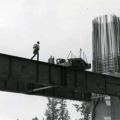 Man on Girder, I-205 Bridge Construction.