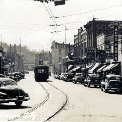 Streetcar on Main, 1930s.: Copyright: None; Origsize: 4" x 6"; Origformat: Print-Photographic