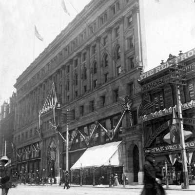 Spanish American War, S.F. Emporium decorated for returning soldiers, 1899.