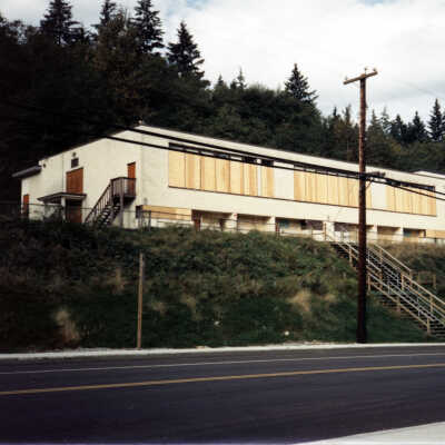 BVS boarded up for demolition, 1991