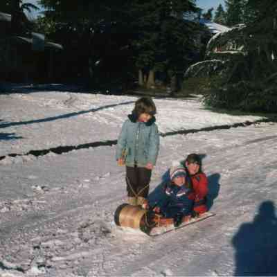 4909 - Kids in snow - toboggan Julie Reynolds - Amy Wall - April Manly - 1982.tif
