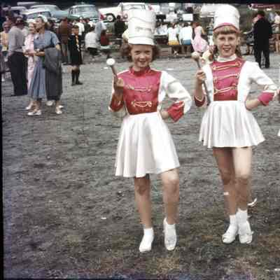 3532 - May Day majorettes Susan Jenkins, Eileen Alway, Anne Wells mid 1950s.tif