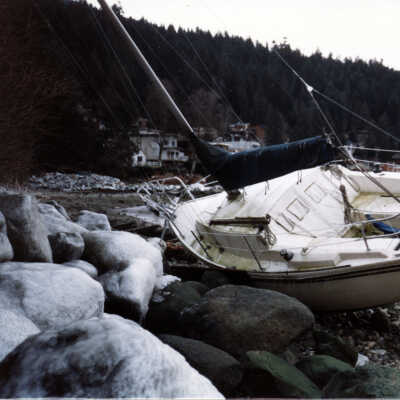 Jan storm aftermath, Gwynn Jenkins' boat - 2, 1989