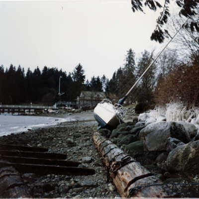 Winter storm aftermath, Gwynn Jenkins' boat 1989
