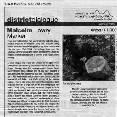 Malcolm Lowry Marker - NS News Oct 14, 2005