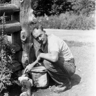 Homestead, Mr Jack Gillis doing rock work in garden