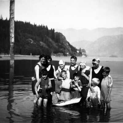 Family in swimming costumes, Deep Cove