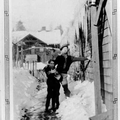 Stirrat family (Robert Jr, Marion) during heavy snow fall