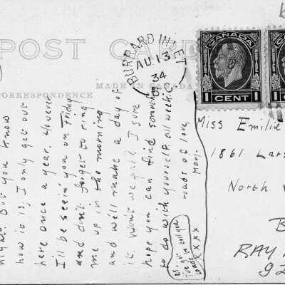 OBJECT: Deep Cove Regatta postcard with Burrard Inlet postal stamp