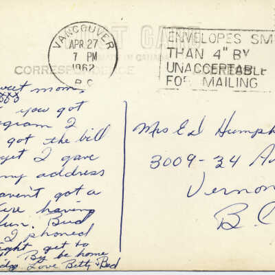 OBJECT Deep Cove postcard c1962 back