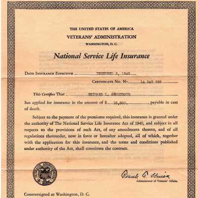 WWII Veterens National Life Insurance Certificate