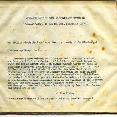 "Verbatim Copy of Text of Holograph Letter by William Conway to His Brother, Frederick Conway"