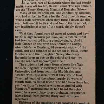 Newspaper Article ca:1975 about Pierre Monteux Memorial Domaine School
