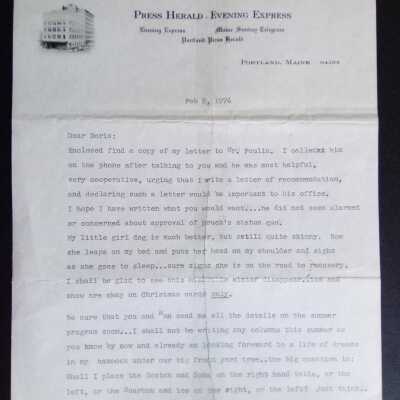 Letter to Doris [from Portland Press Herald newspaper writer]
