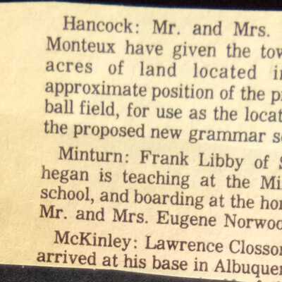 Monteux gives Town of Hancock, 10 acres of land for new grmmar school (10/74)