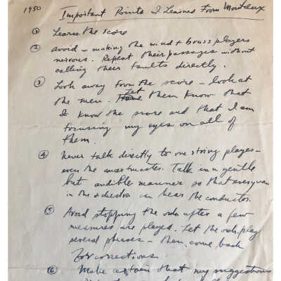 Important Things I Learned from Monteux: PDF image of notes written by 1950 conducting student Davis Shuman. Shared by his son Mark Shuman.