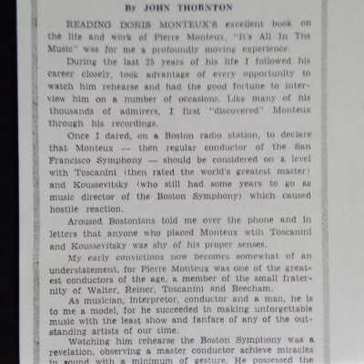 Essay on Pierre Monteux by John Thornton (Maine Sunday Telegram 1/ 16/ 1966)