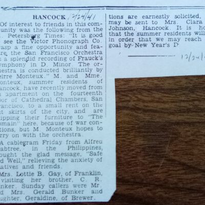 Monteux mentioned as Hancock summer resident in Ellsworth American 12/24/41