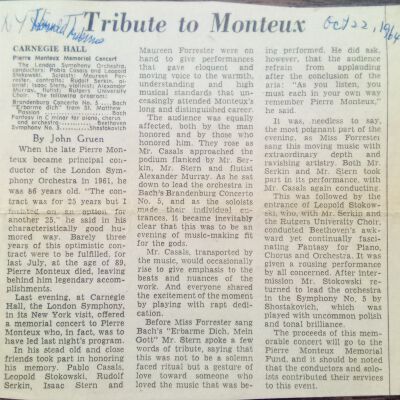 Memorial Concert by London Symphony at Carnegie Hall (Monteux was to have conducted the concert) [New York Herald Tribune 10/ 22/ 64]