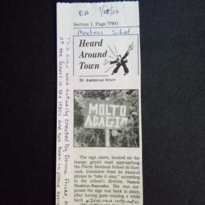 "MOLTO ADAGIO" sign along Track Road (created by Donna Fricke in 1980s) - [Ellsworth American, 7/25/02]